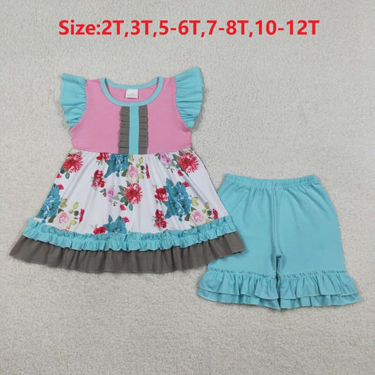 (Promotion)GSSO3744  Flowers Tunic Top Blue Shorts Girls Summer Clothes Set
