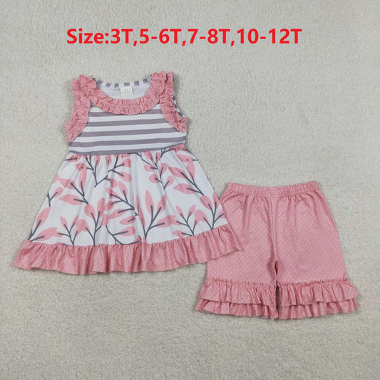(Promotion)GSSO3745  Flowers Tunic Top Dots Shorts Girls Summer Clothes Set