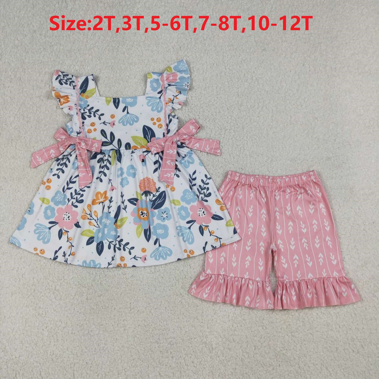 (Promotion)GSSO3746  Flowers Tunic Top Pink Ruffle Shorts Girls Summer Clothes Set