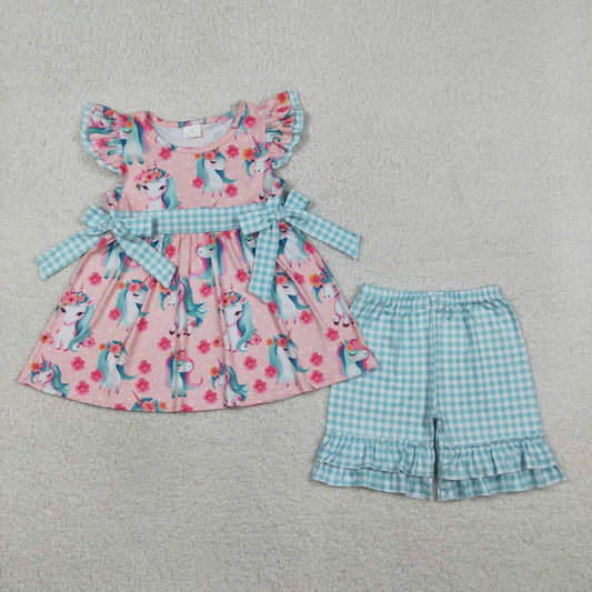(Promotion)GSSO3747  Unicorn Flowers Tunic Top Plaid Shorts Girls Summer Clothes Set