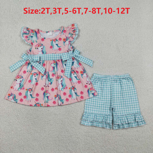 (Promotion)GSSO3747  Unicorn Flowers Tunic Top Plaid Shorts Girls Summer Clothes Set