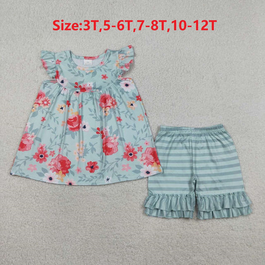 (Promotion)GSSO3748  Flowers Tunic Top Stripes Shorts Girls Summer Clothes Set