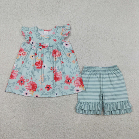 (Promotion)GSSO3748  Flowers Tunic Top Stripes Shorts Girls Summer Clothes Set