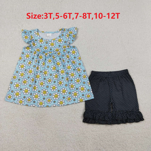 (Promotion)GSSO3749 Smiling Flowers Tunic Top Dots Shorts Girls Summer Clothes Set