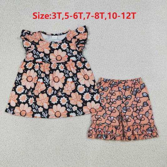 (Promotion)GSSO3750  Flowers Top Ruffle Shorts Girls Summer Clothes Set