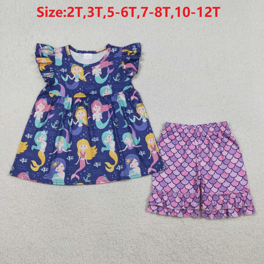 (Promotion)GSSO3751  Mermaid Tunic Top Scales Shorts Girls Summer Clothes Set
