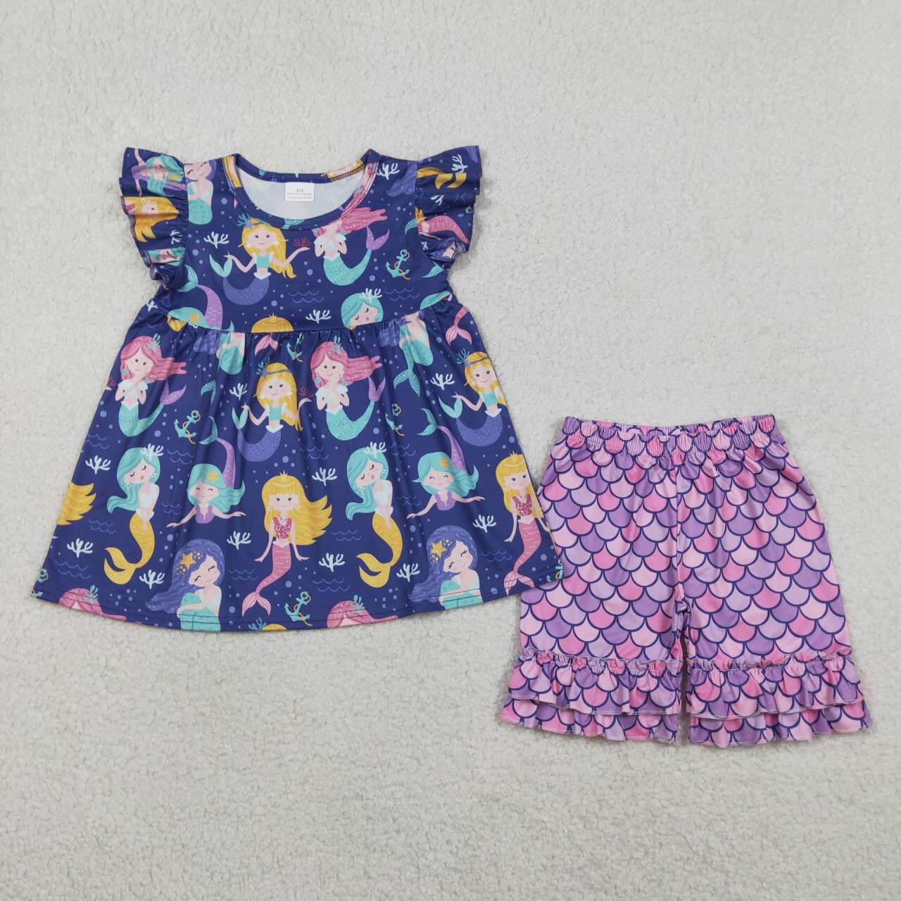 (Promotion)GSSO3751  Mermaid Tunic Top Scales Shorts Girls Summer Clothes Set