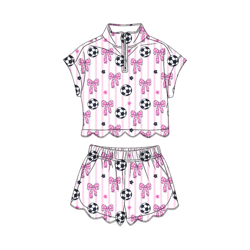 4.11 GSSO3753 Preorder Soccer Bows Stripes Shorts Girls Summer Scallop Clothes Set