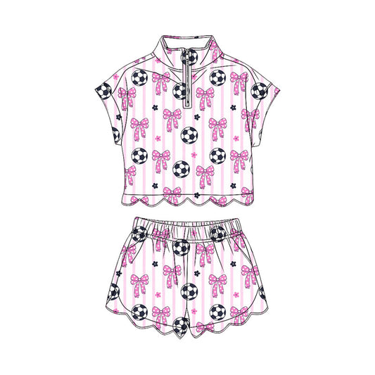 4.11 GSSO3753 Preorder Soccer Bows Stripes Shorts Girls Summer Scallop Clothes Set