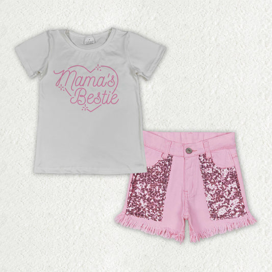 GSSO3756 MAMAS BESTIE Top Pink Sequins Denim Shorts Girls Summer Outfits