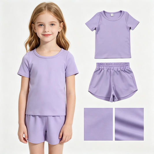 Purple  Solid Color Baby Girls Summer Active Clothes Set