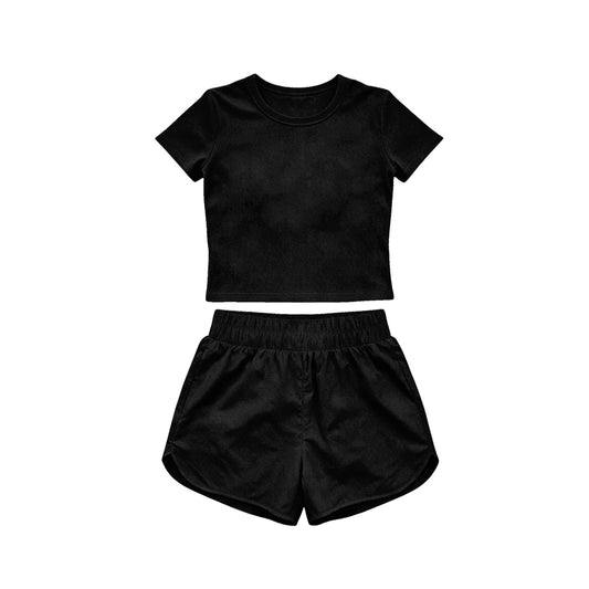 4.15 Toddler Girl Black 2 Piece Outfit,  Top & Running Shorts Set for Kids Preorder