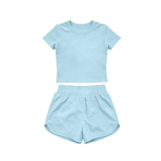 4.15 Toddler Girl Blue 2 Piece Outfit,  Top & Running Shorts Set for Kids Preorder