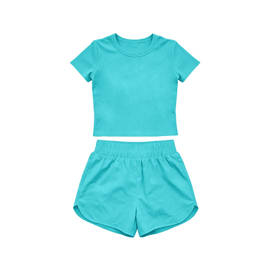 4.15 Toddler Girl Blue 2 Piece Outfit,  Top & Running Shorts Set for Kids Preorder
