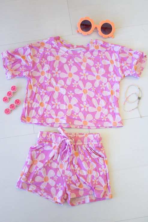 4.23 Girls Pink Daisy Floral Outfit - Short Sleeve Top & Drawstring Shorts Set Preorder