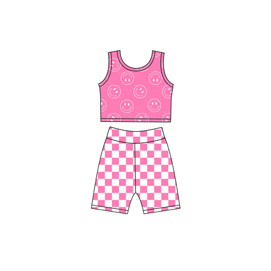 4.23  Kids Girls Pink Daisy Tank with Checker Biker Shorts Set Preorder