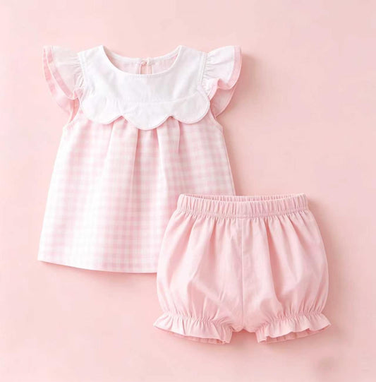 4.25 GSSO3786 Preorder Pink Plaid Top Shorts Baby Girls Summer Clothes Set