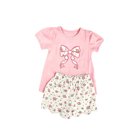 5.6 Toddler Girls Summer Outfit Bow Pink Short Sleeve Top With Floral Shorts Outfit Preorder