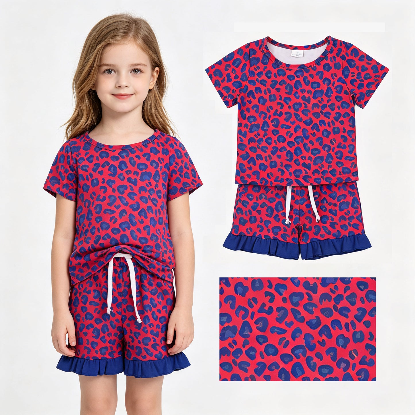 Sibling Baby Girls Short Sleeve Colorful Leopard Top Pockets Ruffle Short Clothes Sets