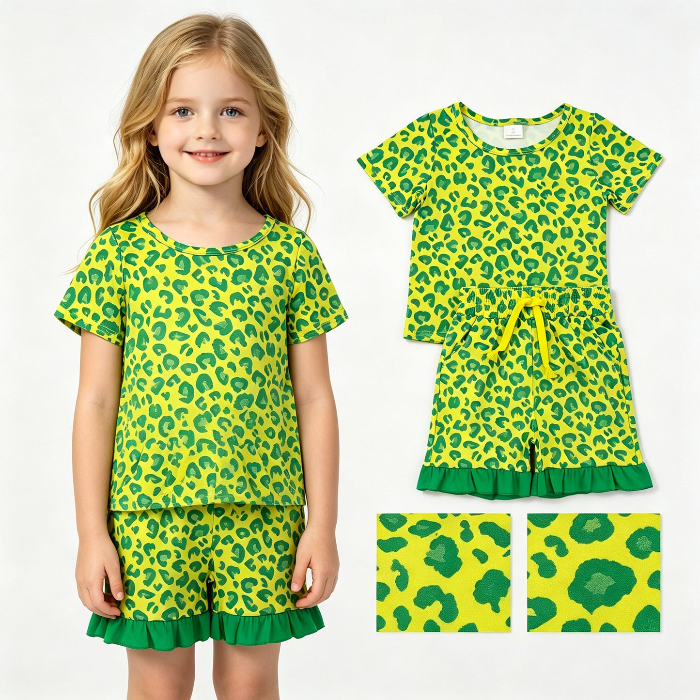 Sibling Baby Girls Short Sleeve Colorful Leopard Top Pockets Ruffle Short Clothes Sets