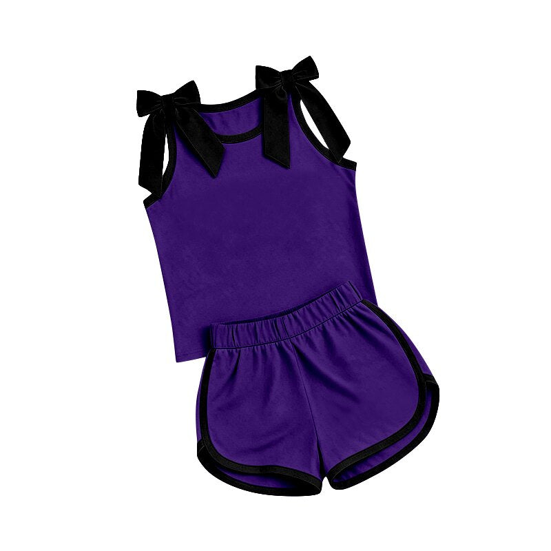 7.2 Preorder Girls Solid Purple Black Bow Strap Tank & Black Piping Shorts Outfit