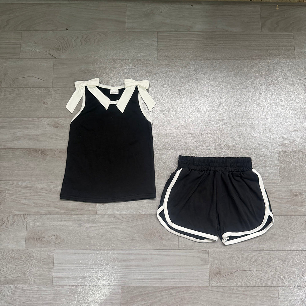 7.2 Preorder Girls Black White Bow Tank & White Piping Athletic Shorts Set