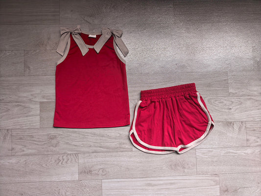 7.4 GSSO3820 Preorder Girls Grey Bow Dark Red Strap Tank &  Shorts 2 Piece Outfit