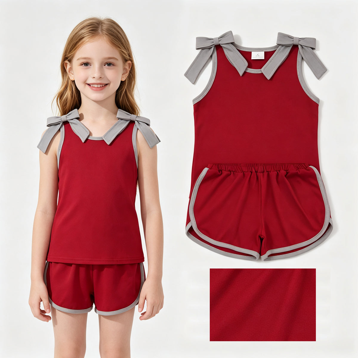 GSSO3820 Teams Grey Bow Vest Top Wine Pockets Shorts Girls Cotton Summer Clothes Set