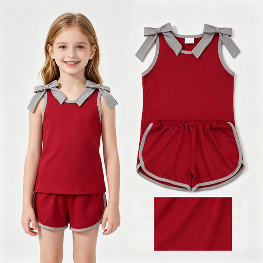 GSSO3820 Teams Grey Bow Vest Top Wine Pockets Shorts Girls Cotton Summer Clothes Set