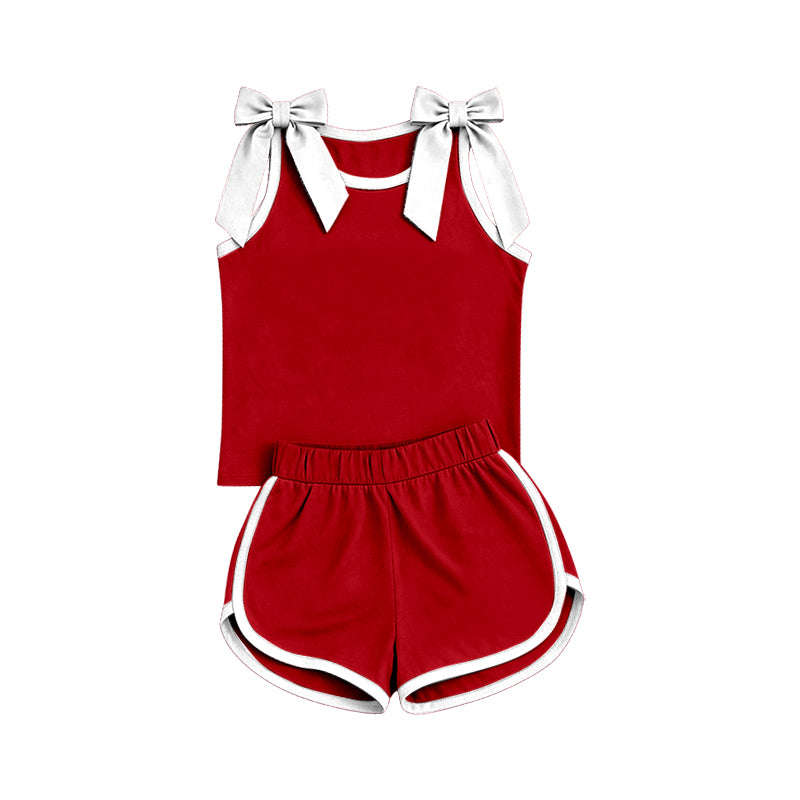 7.4 Preorder Girls  White Bow Strap Tank & Red Shorts 2 Piece Outfit