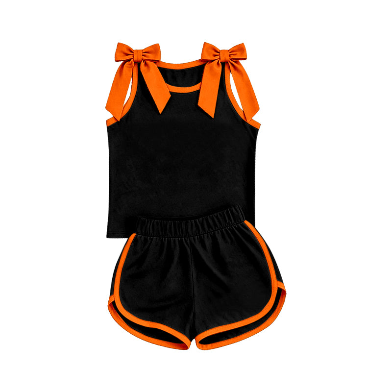 7.4 Preorder Girls Orange Bow Strap Tank & Black Shorts 2 Piece Outfit
