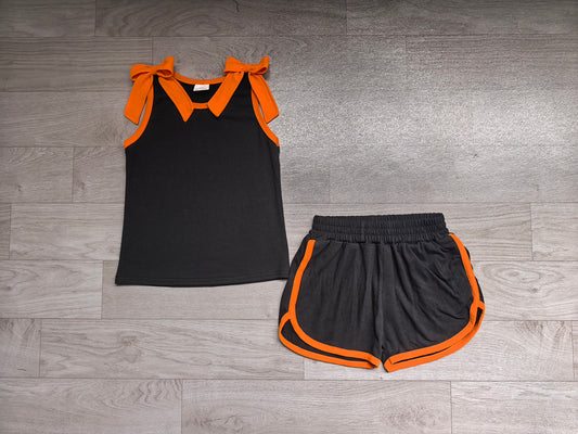 7.4 GSSO3822 Preorder Girls Orange Bow Strap Tank & Black Shorts 2 Piece Outfit