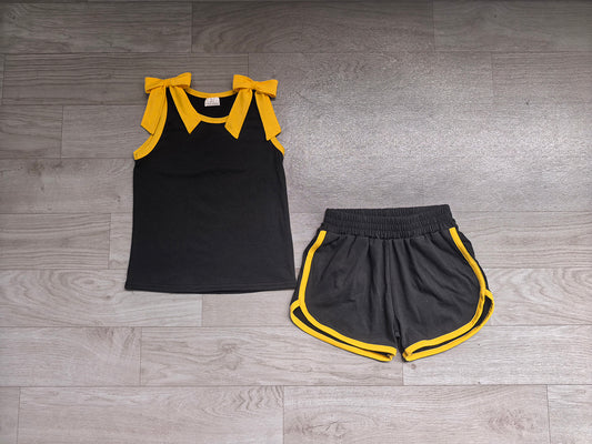 7.4 GSSO3823 Preorder Teams Gold Bow Tank & Black Shorts Girls Cotton Outfits