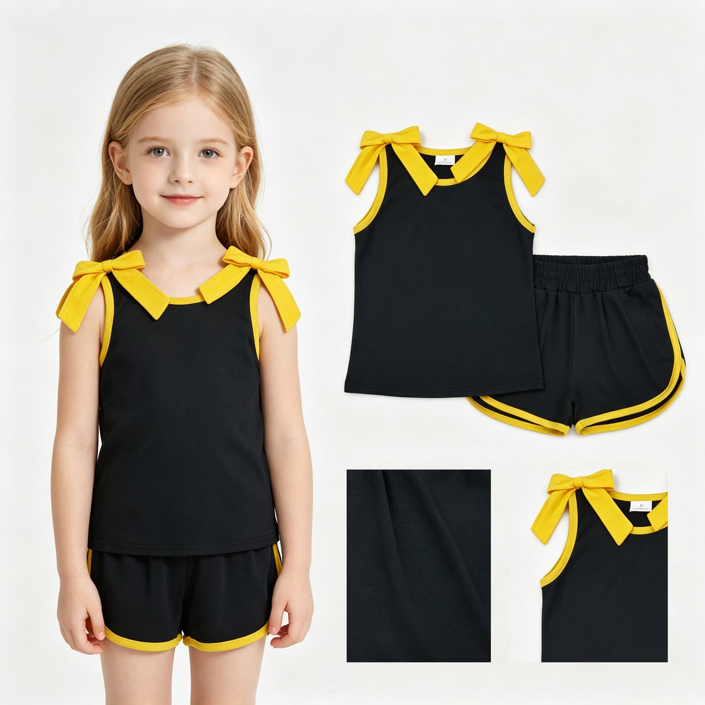 GSSO3823 Teams Gold Bow Vest Top Black Pockets Shorts Girls Cotton Summer Clothes Set