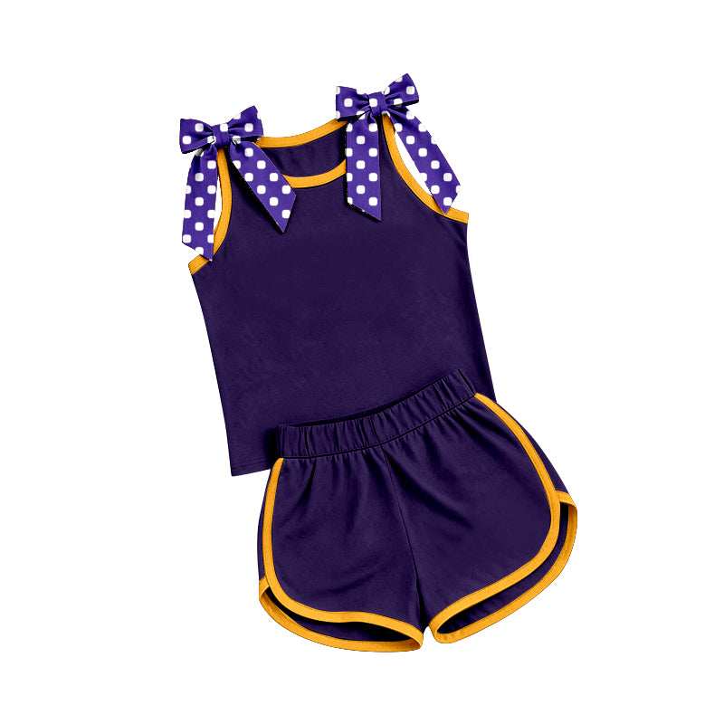 7.4 Preorder Girls Purple Polka Dot Bow Strap Tank &  Shorts 2 Piece Outfit
