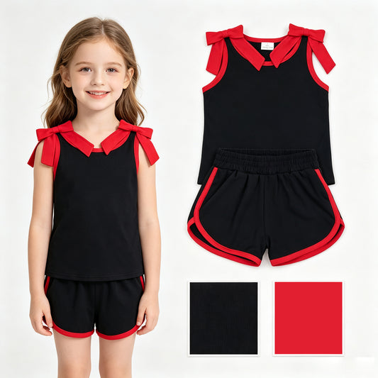 GSSO3827 Teams Red Bow Vest Top Black Pockets Shorts Girls Cotton Summer Clothes Set