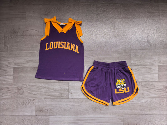 7.4 GSSO3832 Preorder Girls Louisiana Yellow Bow Red Strap Tank &  Shorts 2 Piece Vinyl Outfit