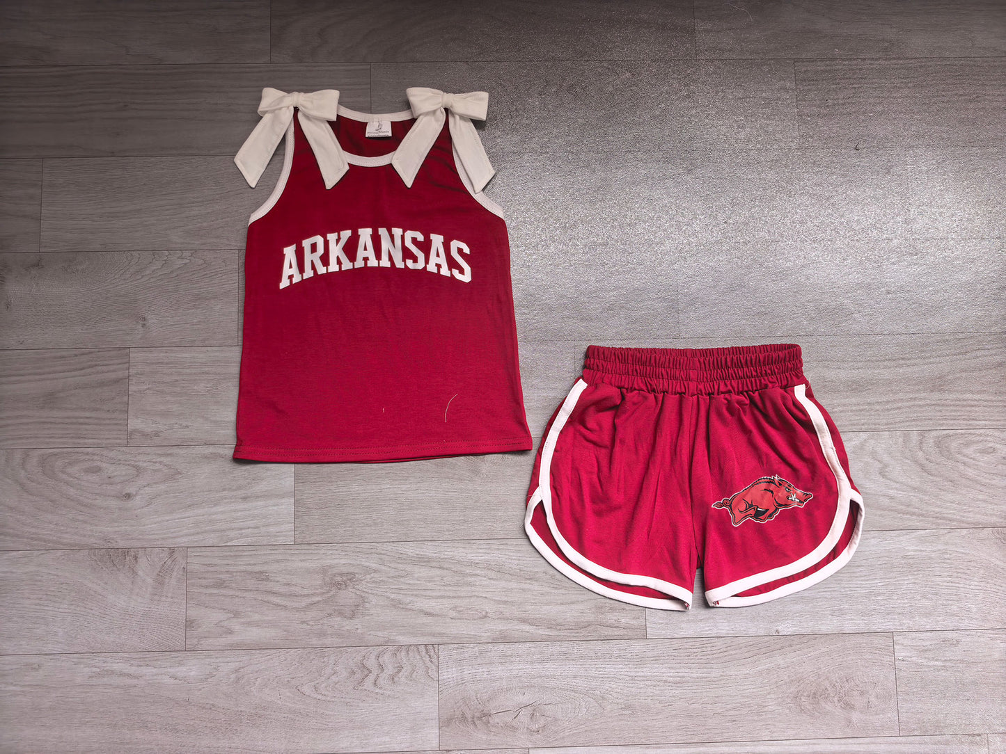 7.4 GSSO3833 Preorder Girls Arkansas White Bow Red Strap Tank &  Shorts 2 Piece Vinyl Outfit