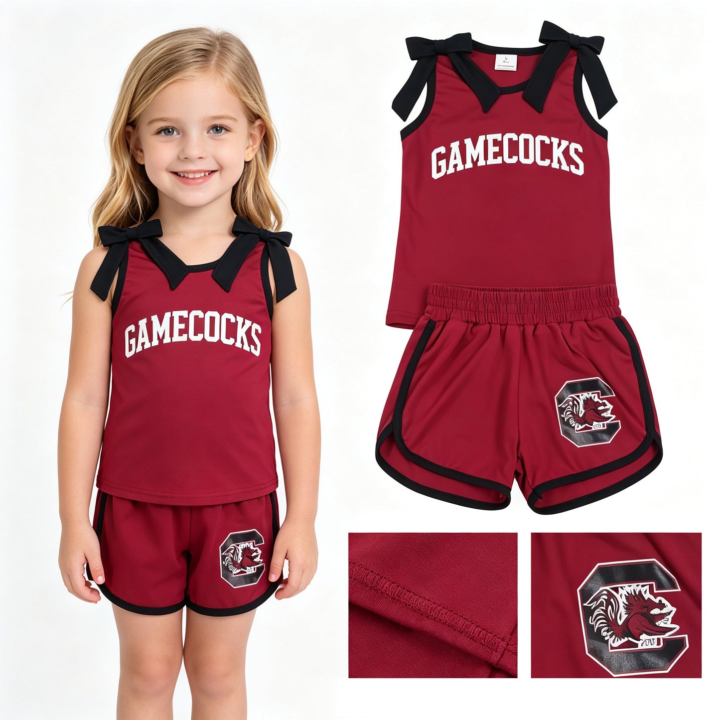 GSSO3835 Teams Gamecocks Vinyl Bows Wine Vest Top Pockets Shorts Girls Cotton Clothes Set