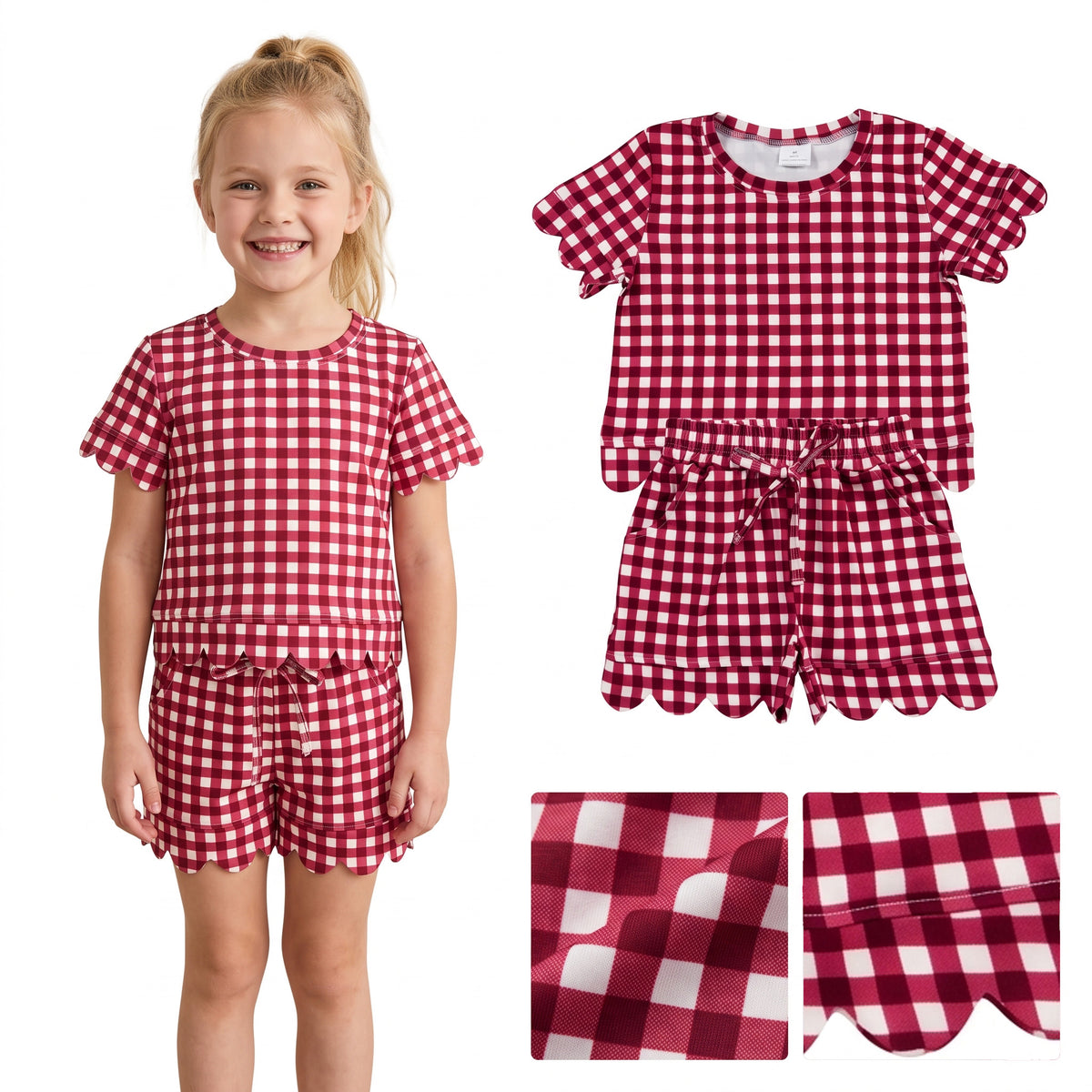 GSSO3836 Wine Checkered Print Pockets Shorts Girls Summer Scallop Clothes Set