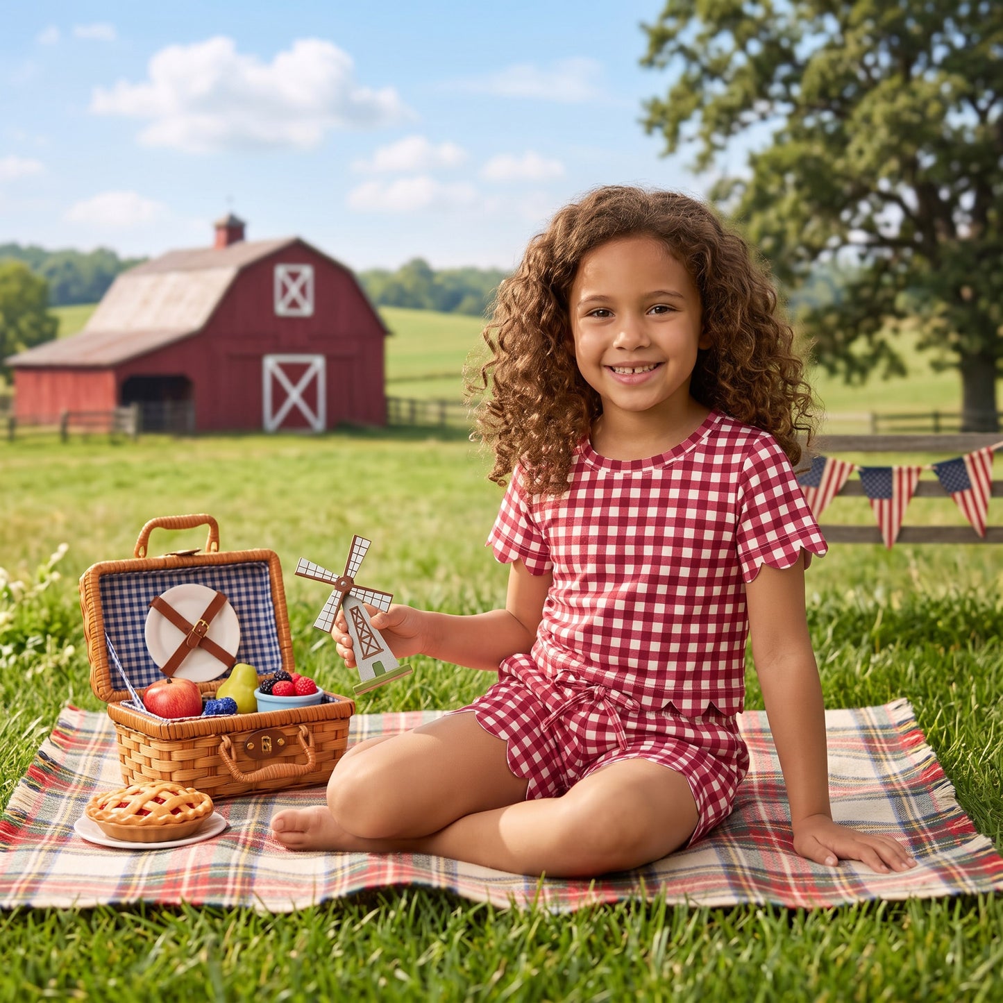GSSO3836 Wine Checkered Print Pockets Shorts Girls Summer Scallop Clothes Set