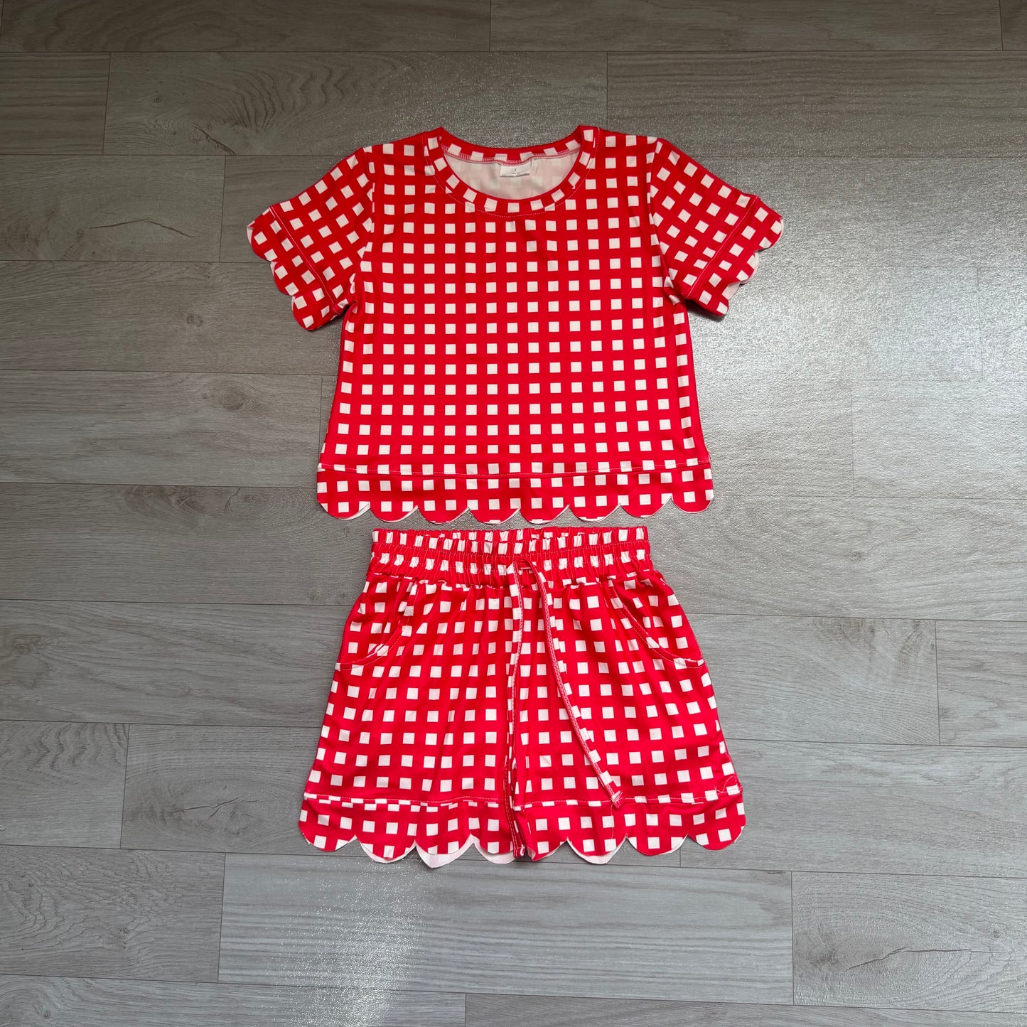 GSSO3838 Preorder Kids Girls Red Gingham Scalloped Se