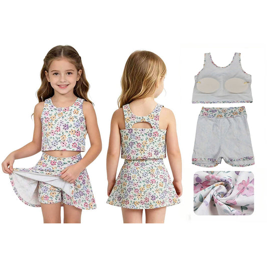 GSSO3838 Colorful Flowers Tank Top Skorts Girls Summer Yoga Clothes Set