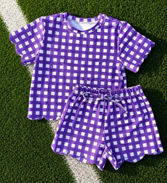 GSSO3841 Preorder Kids Girls Purple  Gingham Scalloped Set