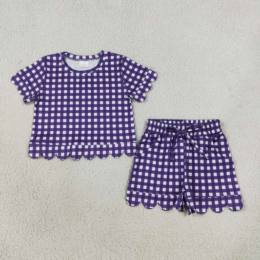 GSSO3841 Purple Checkered Print Pockets Shorts Girls Summer Scallop Clothes Set