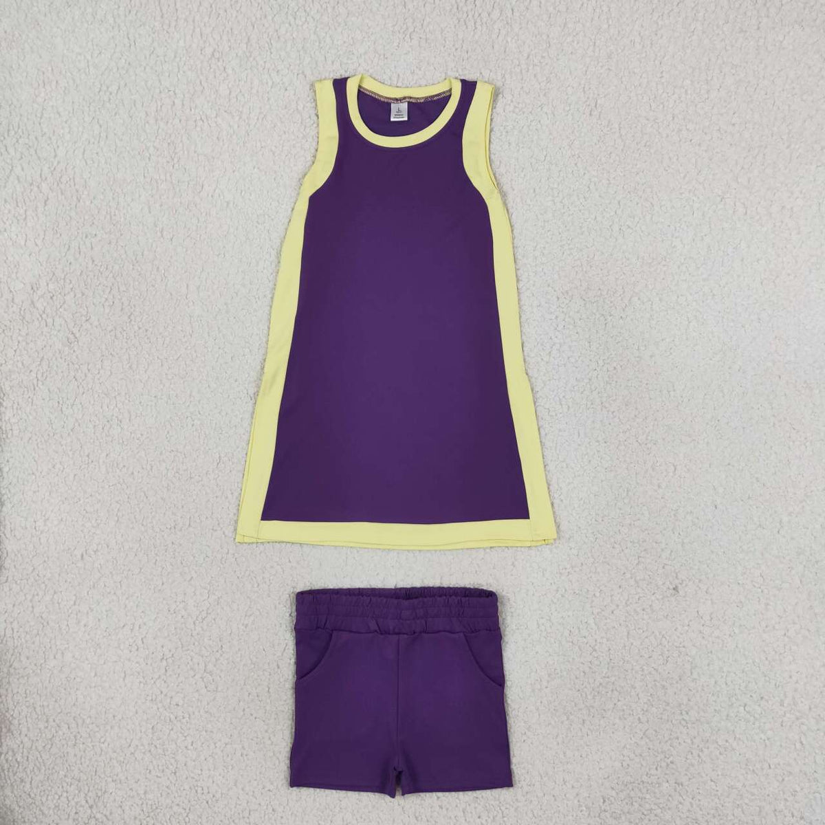 GSSO3844 Purple With Yellow Active Sleeveless Top Pockets Shorts Girls Yoga Clothes Set