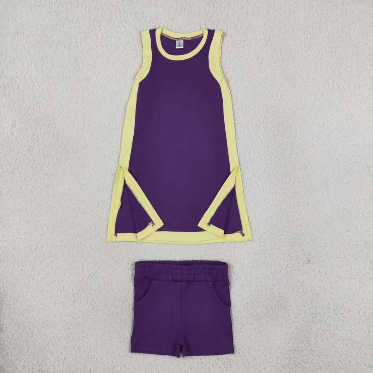 GSSO3844 Purple With Yellow Active Sleeveless Top Pockets Shorts Girls Yoga Clothes Set
