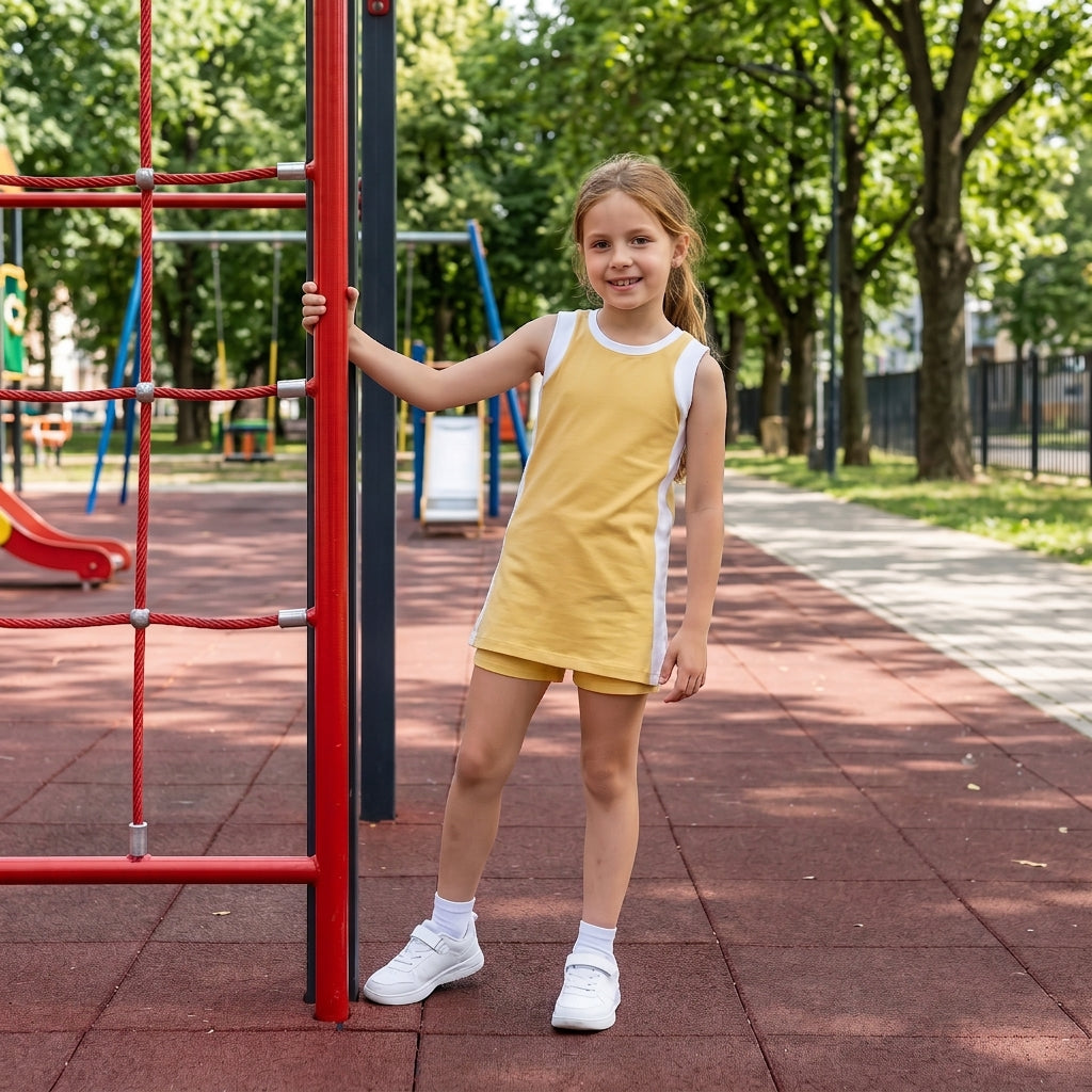 GSSO3846 Yellow With White Active Sleeveless Top Pockets Shorts Girls Yoga Clothes Set