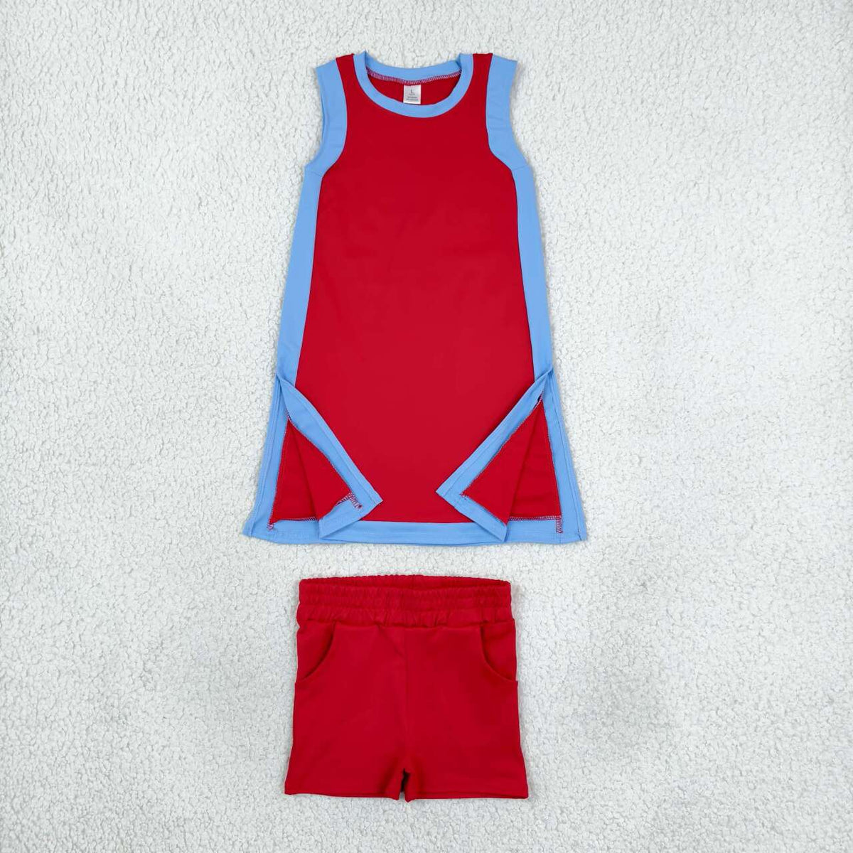 GSSO3846 Red With Blue Active Sleeveless Top Pockets Shorts Girls Yoga Clothes Set