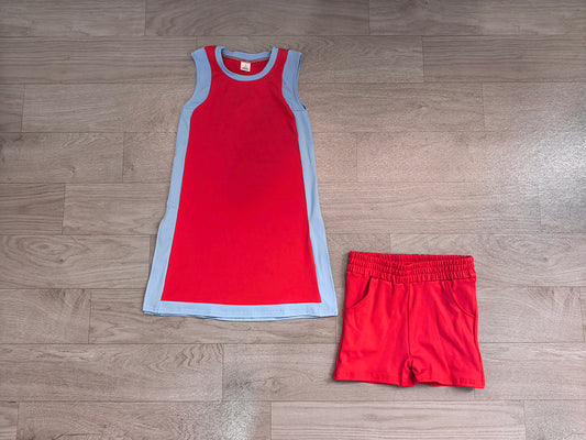 7.11 Preorder Kids Girls Red Blue Sleeveless Active Dress +Shorts